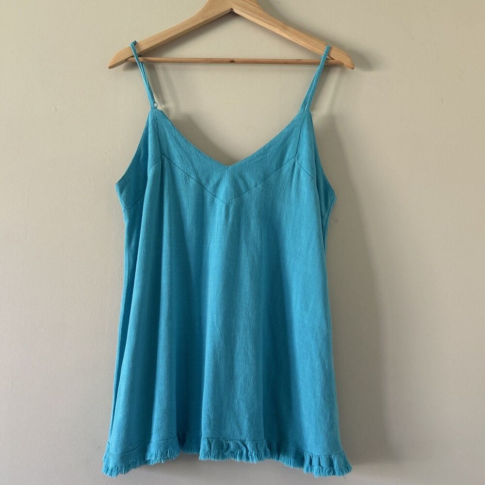 New Umgee Tank Top Teal Blue Oversized Small V-neck Linen Cotton Blend Beach NWT